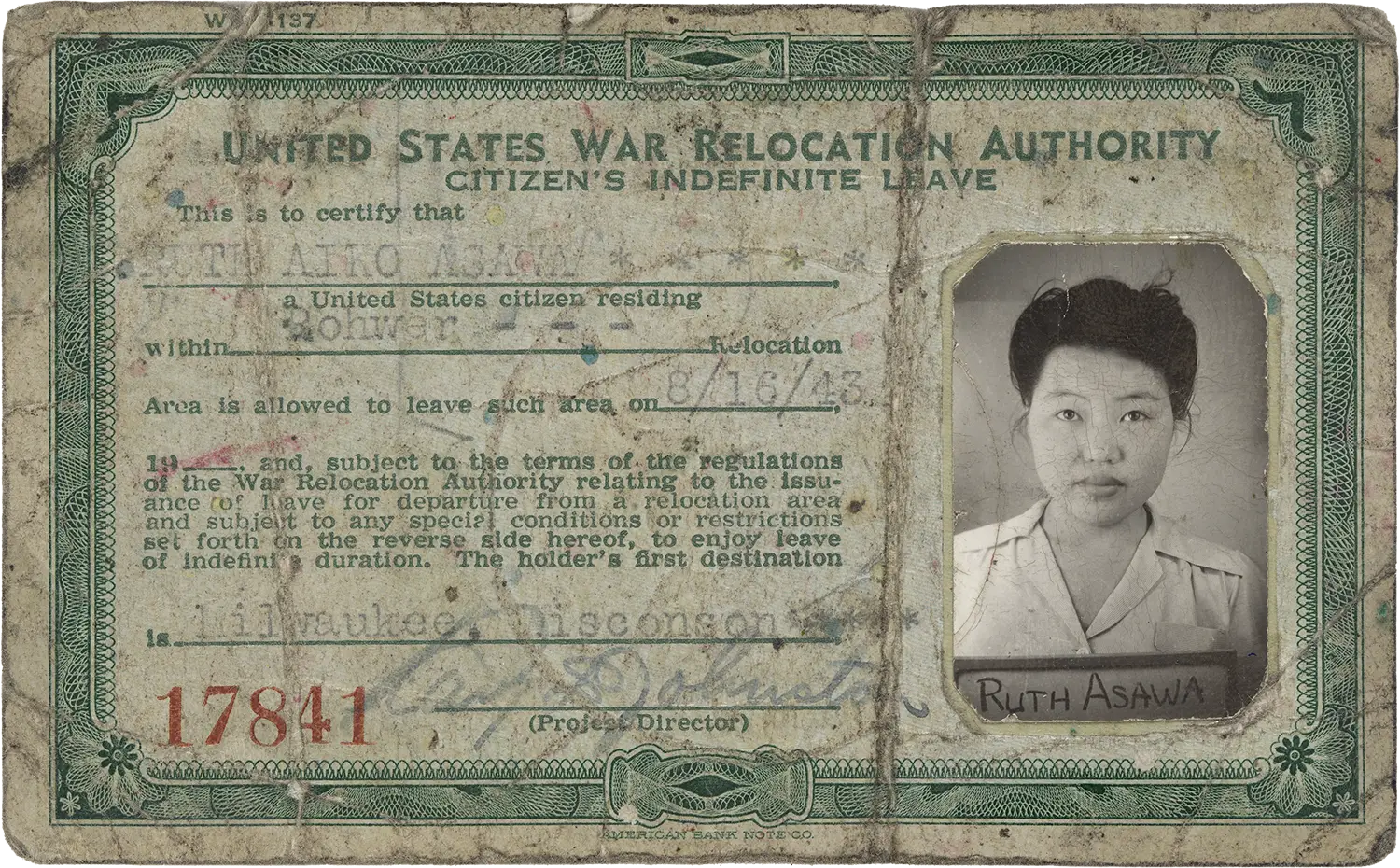 Ruth Asawa’s “Citizen’s Indefinite Leave” card. 